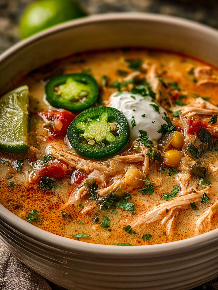 Miska białego chili z kurczakiem Cajun z zieloną papryką i białym serem.