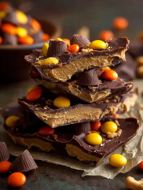 Stos kawałków batonika Reese’s Peanut Butter Cup.