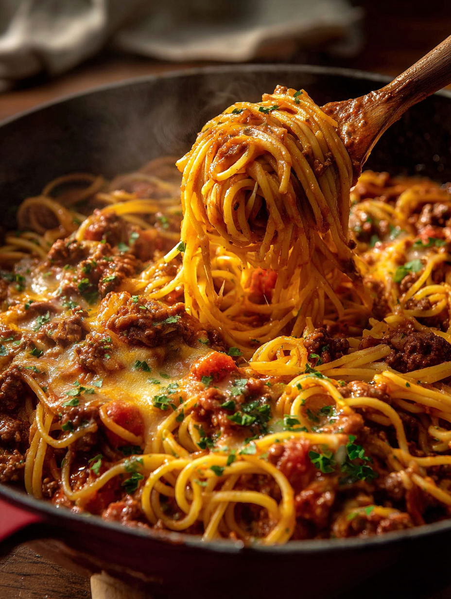 Miseczka spaghetti z mięsem i pomidorami.