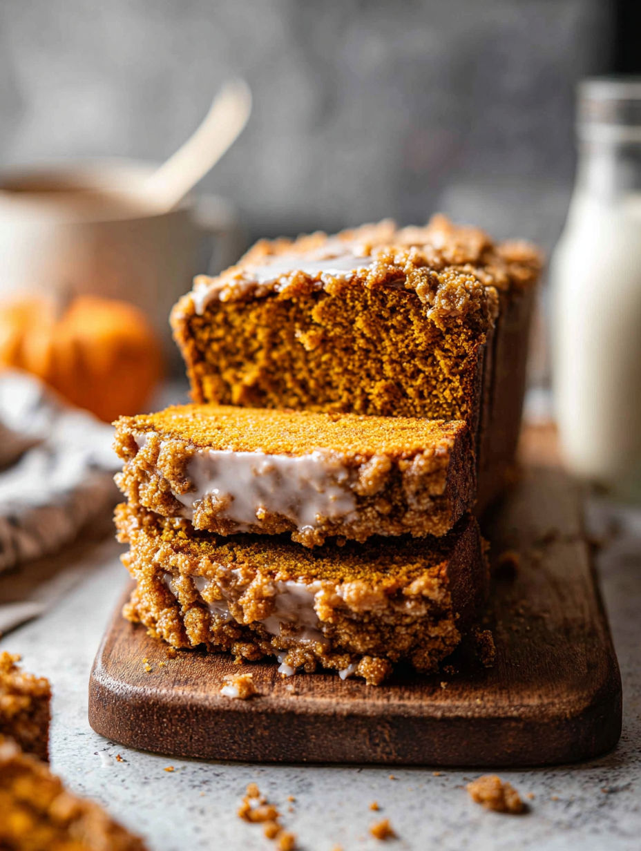 Kawałek chlebka dyniowego z polewą klonową.