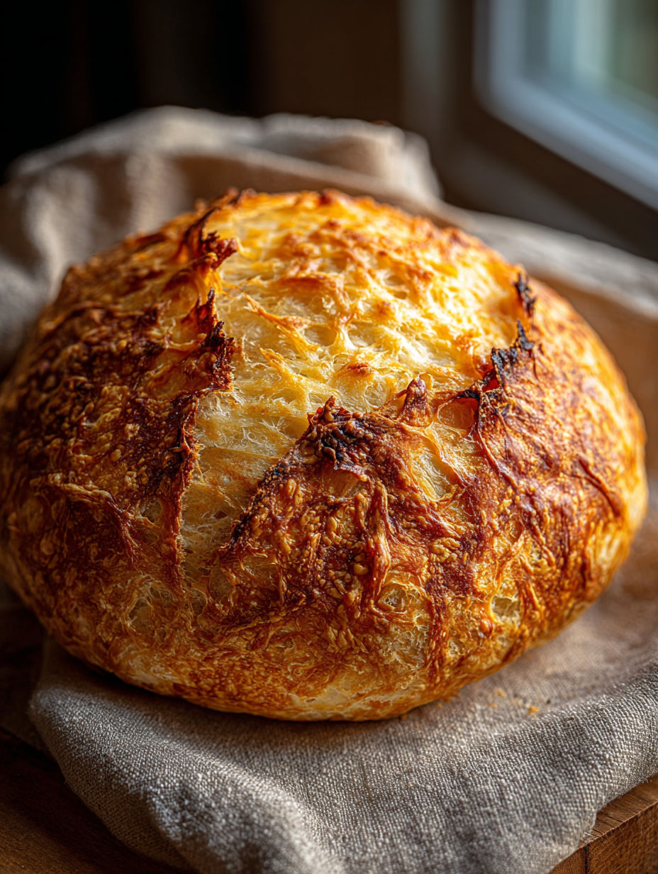 Bochenek chleba z ciemną, przypieczoną skórką.