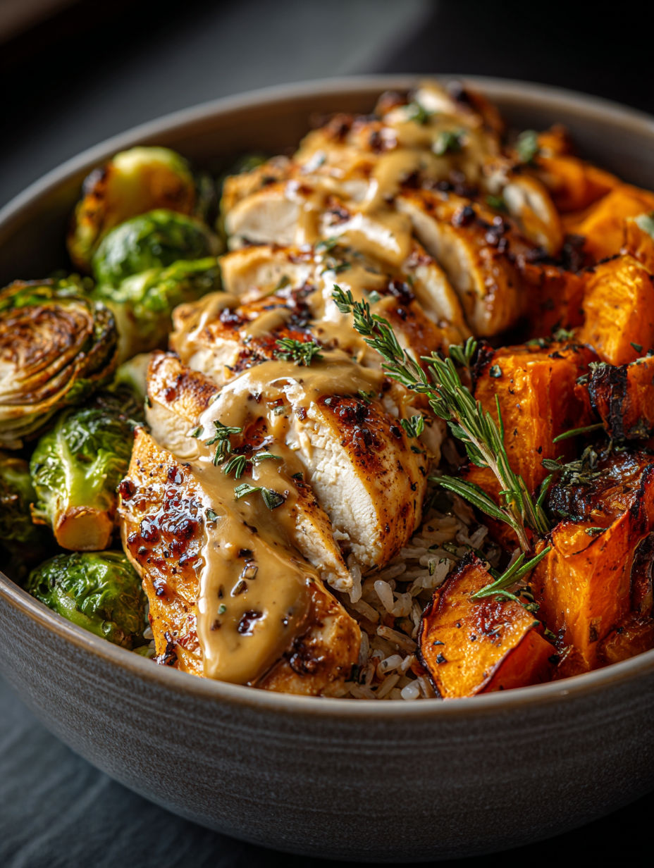 Miska z kurczakiem, ryżem i warzywami.