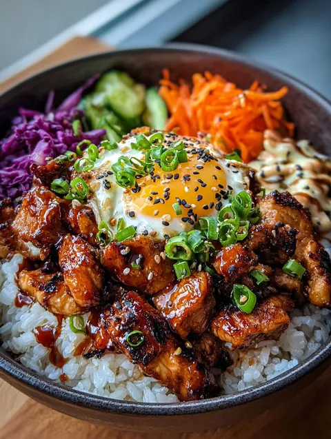 Miseczka z kurczakiem BBQ i kremowym sosem gochujang.