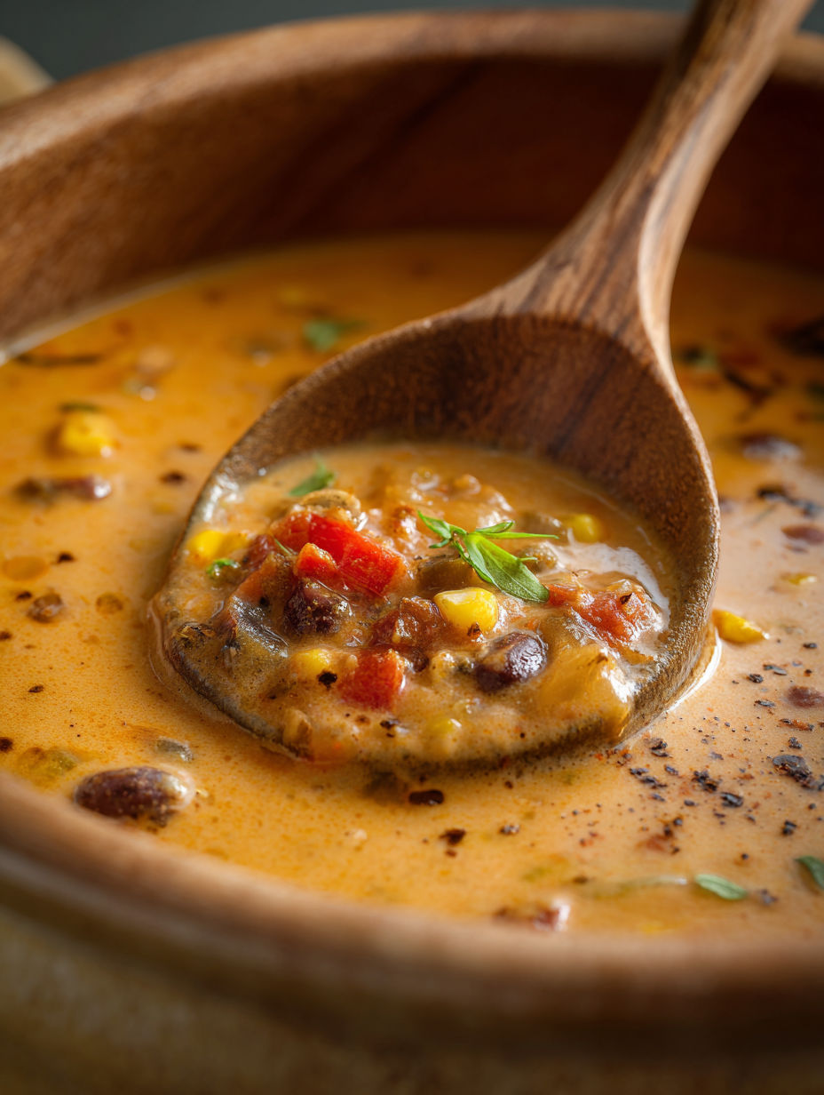 Drewniana łyżka w misce zupy.