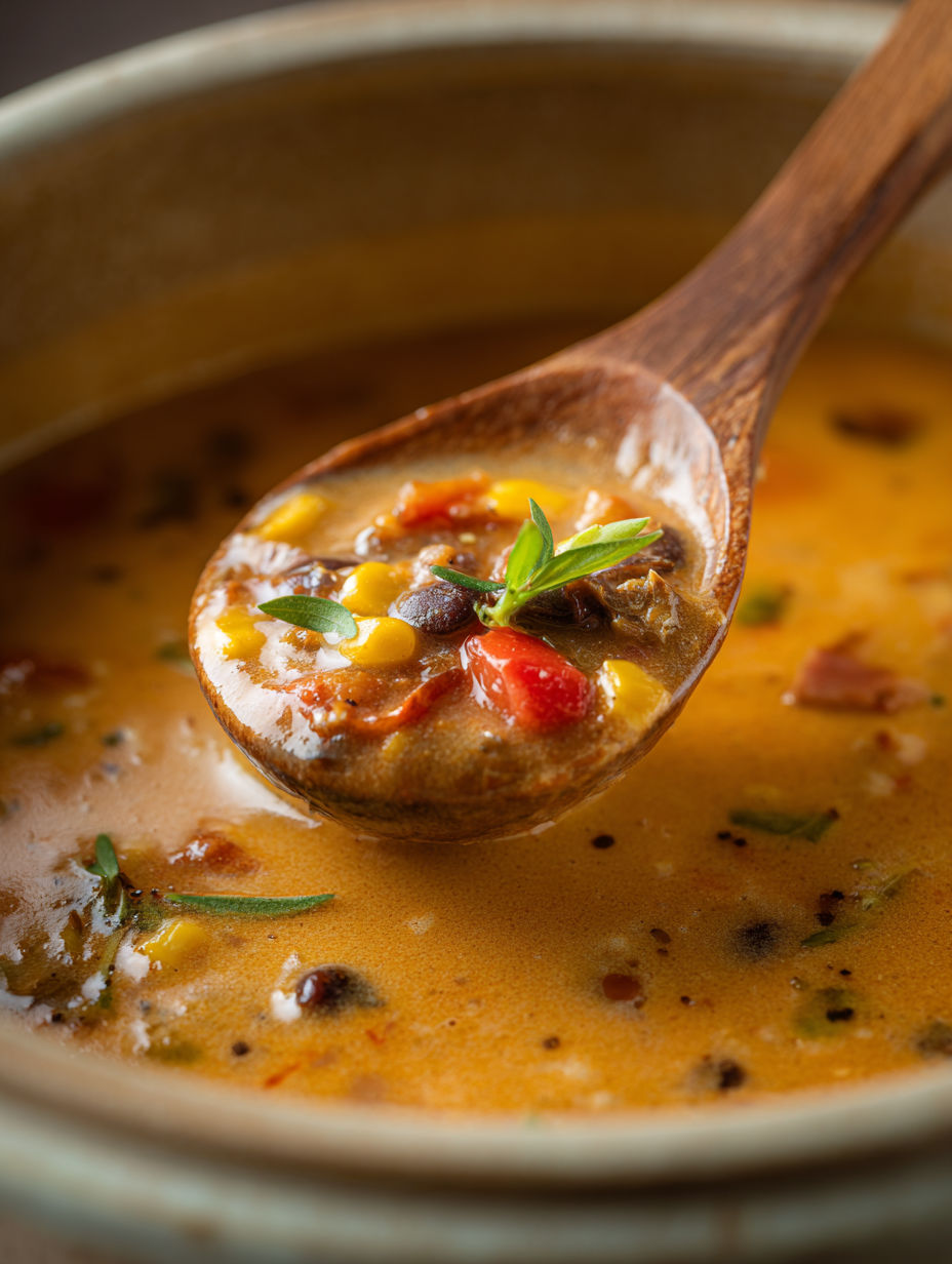 Drewniana łyżka w misce z zupą.