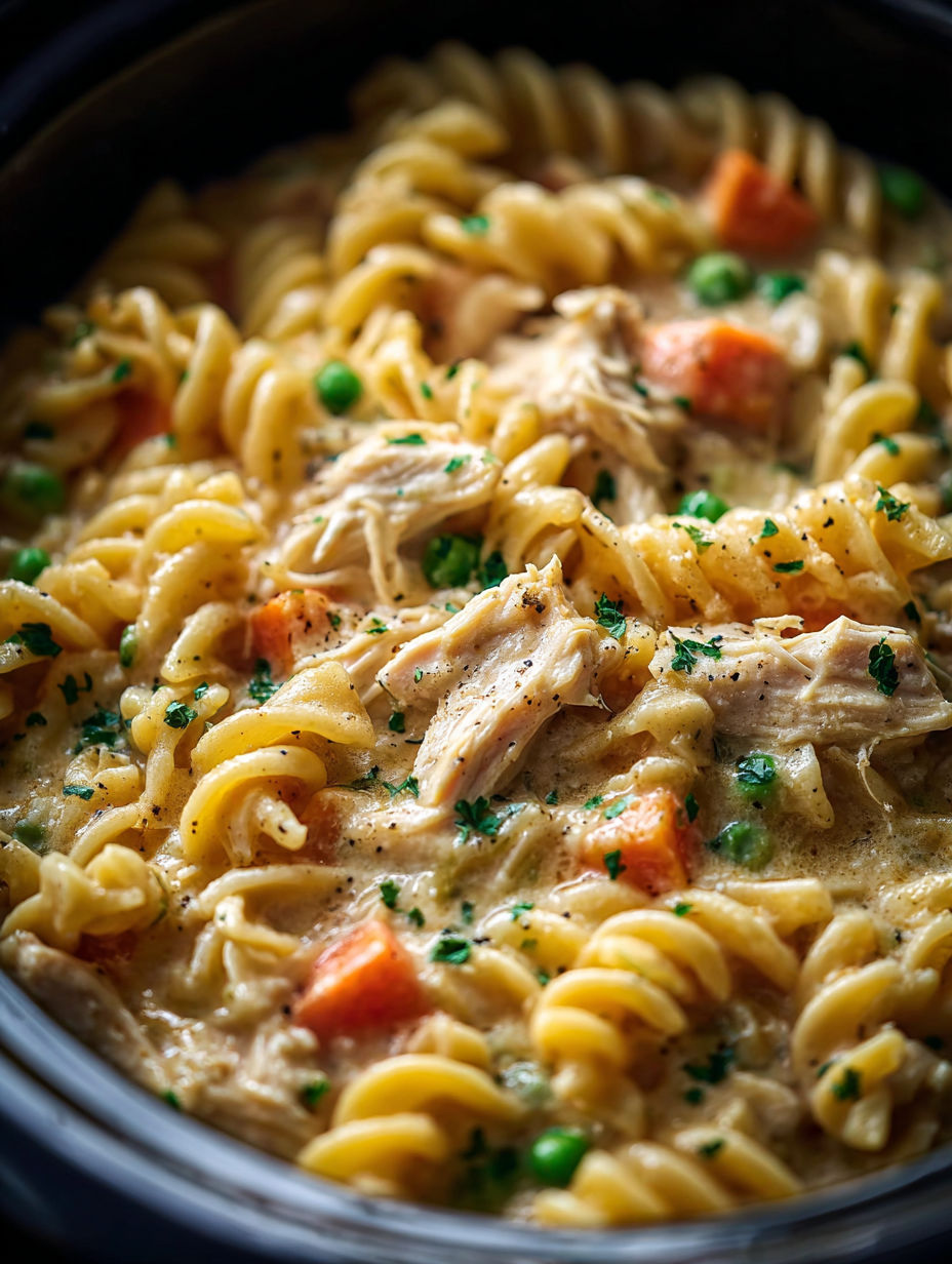 Makaron z kurczakiem i groszkiem.