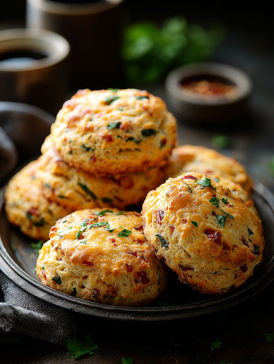 Talerz z biszkoptami i zielonymi dodatkami.