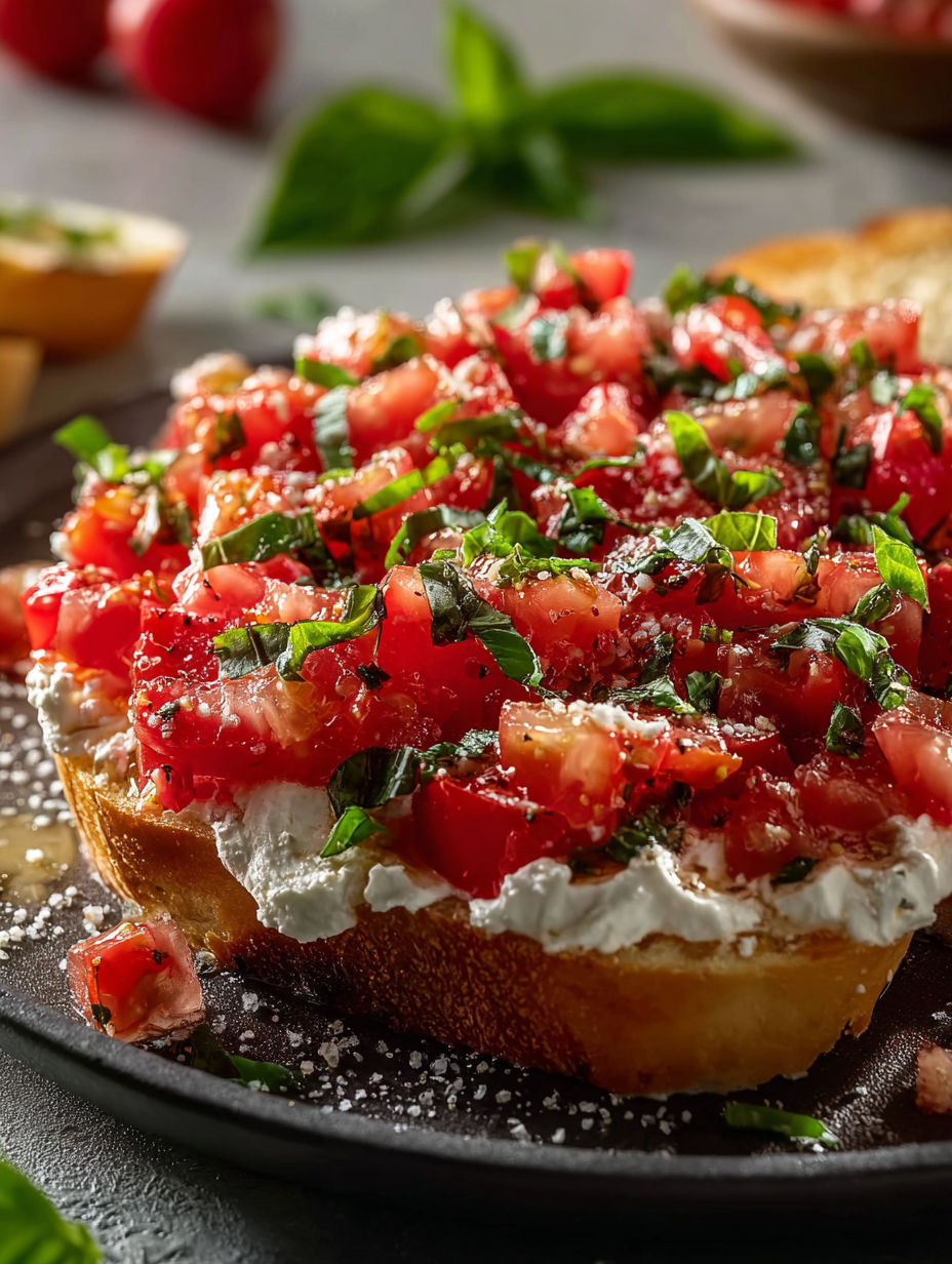 Zbliżenie na bruschettę z pomidorami i serem.