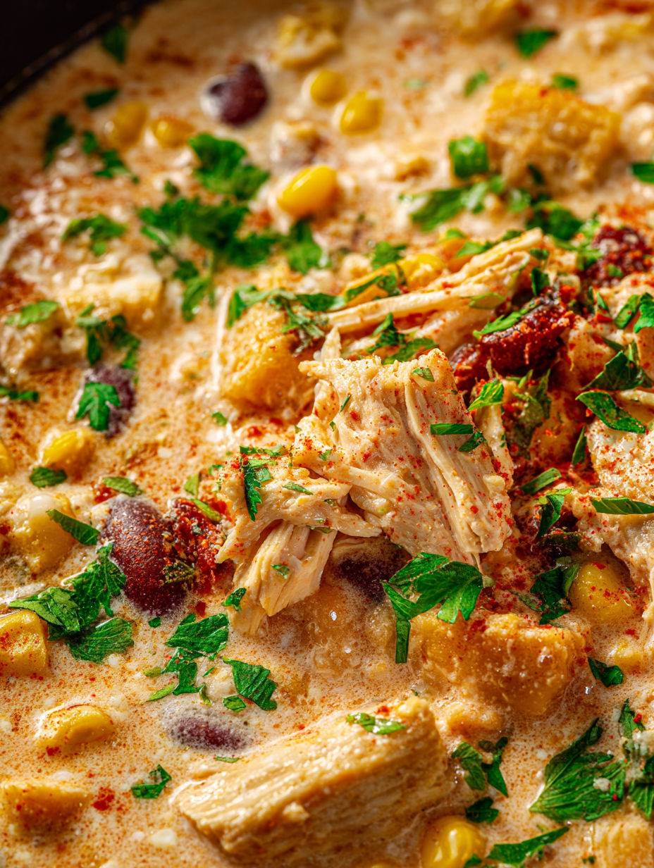 Zbliżenie na miskę chili z kurczakiem i warzywami.