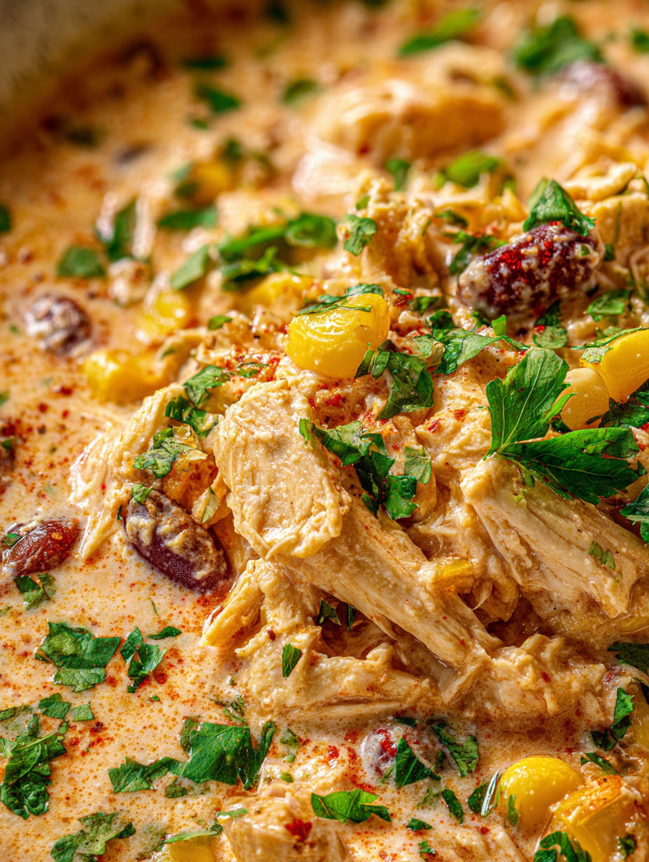 Zbliżenie na chili z kurczaka w wolnowarze.