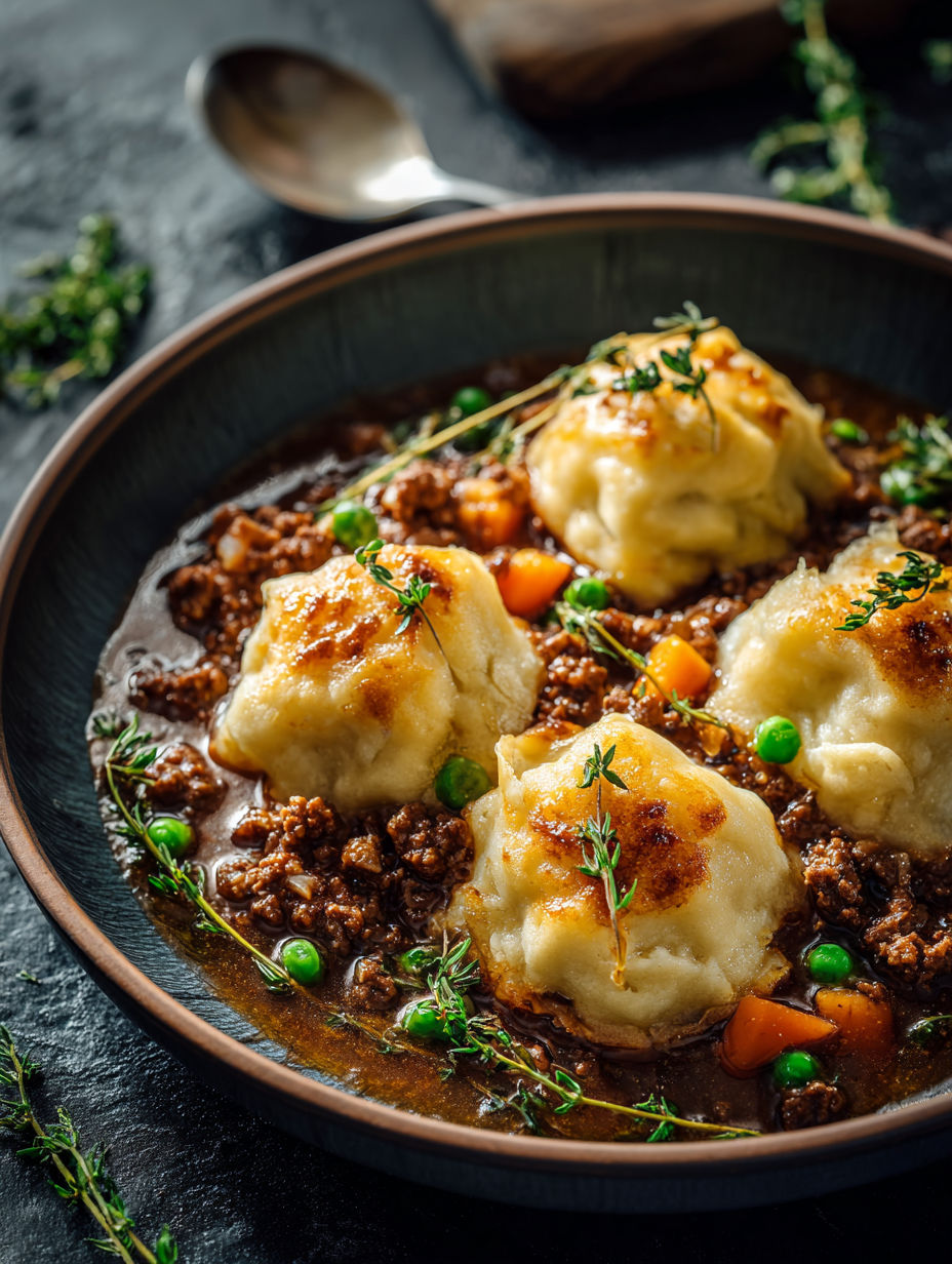 Miska z mięsem mielonym i knedlami.