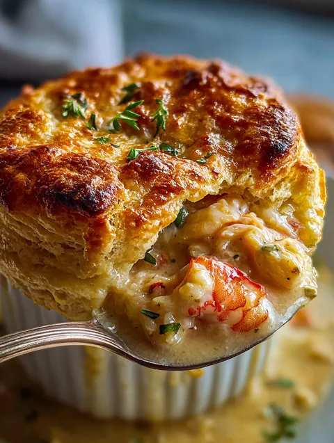 Zbliżenie na potrawę z bułeczkami cheddar i owocami morza.