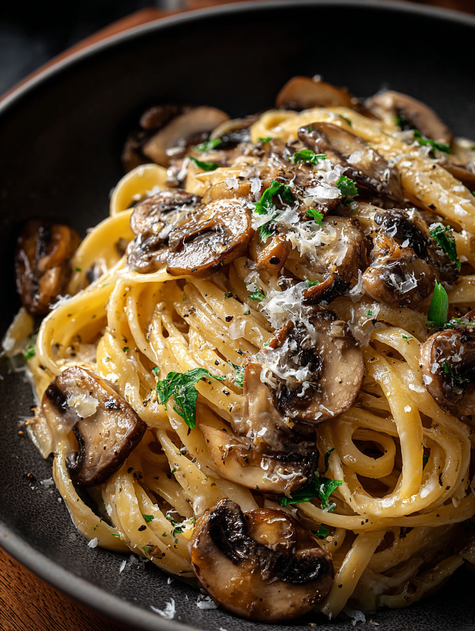 Miska makaronu z pieczarkami i porem.