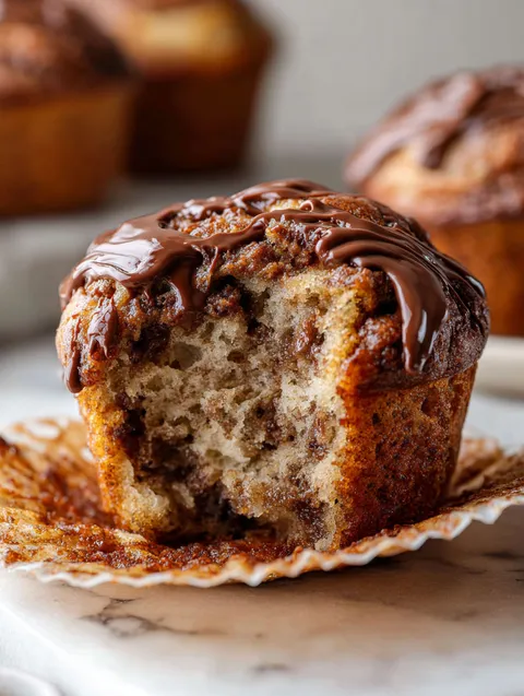 Kawałek muffina z Nutellą i bananem.