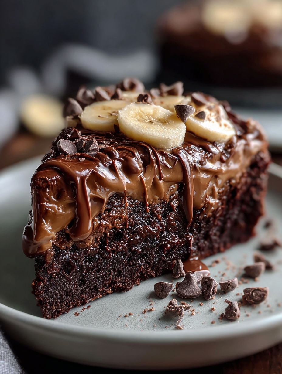 Plasterek czekoladowego ciasta udekorowany bananami na wierzchu.