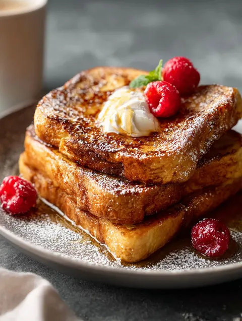 Tost francuski z bitą śmietaną i truskawkami.