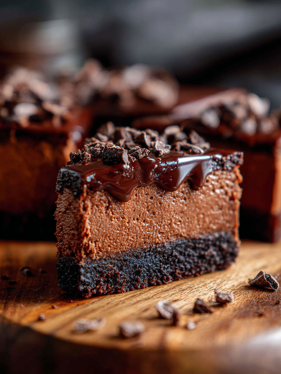 Kawałek czekoladowego sernika w formie batona.