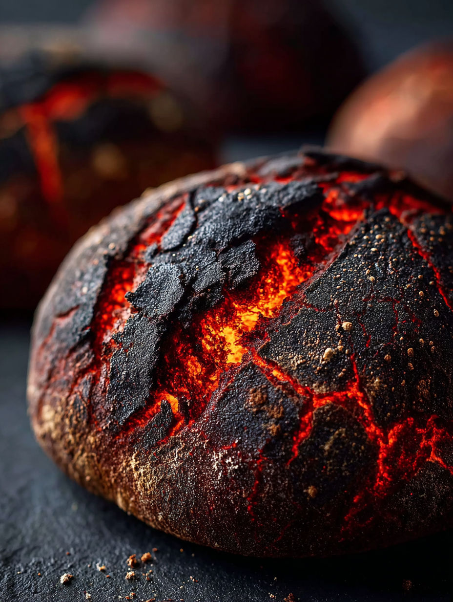 Kromka chleba z czerwonym, świecącym nadzieniem.