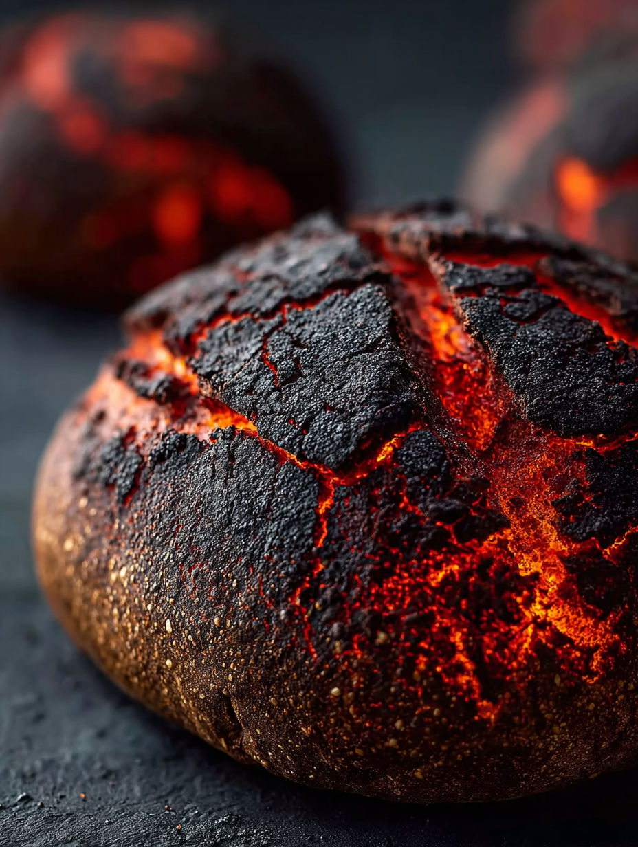 Kromka chleba z jaskrawoczerwoną, świecącą skórką.