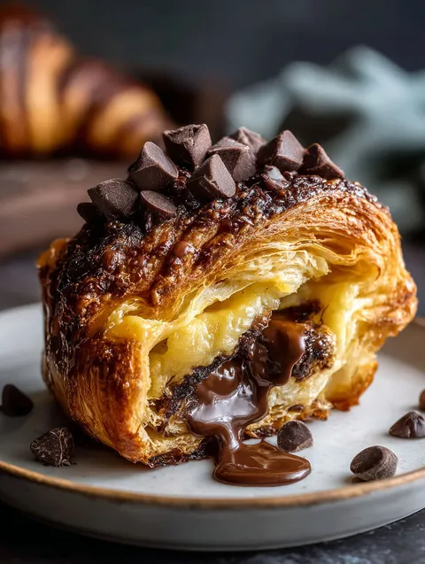 Croissant z polewą czekoladową na wierzchu.