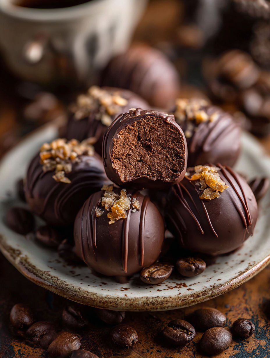 Talerz trufli czekoladowych z orzechami na wierzchu.