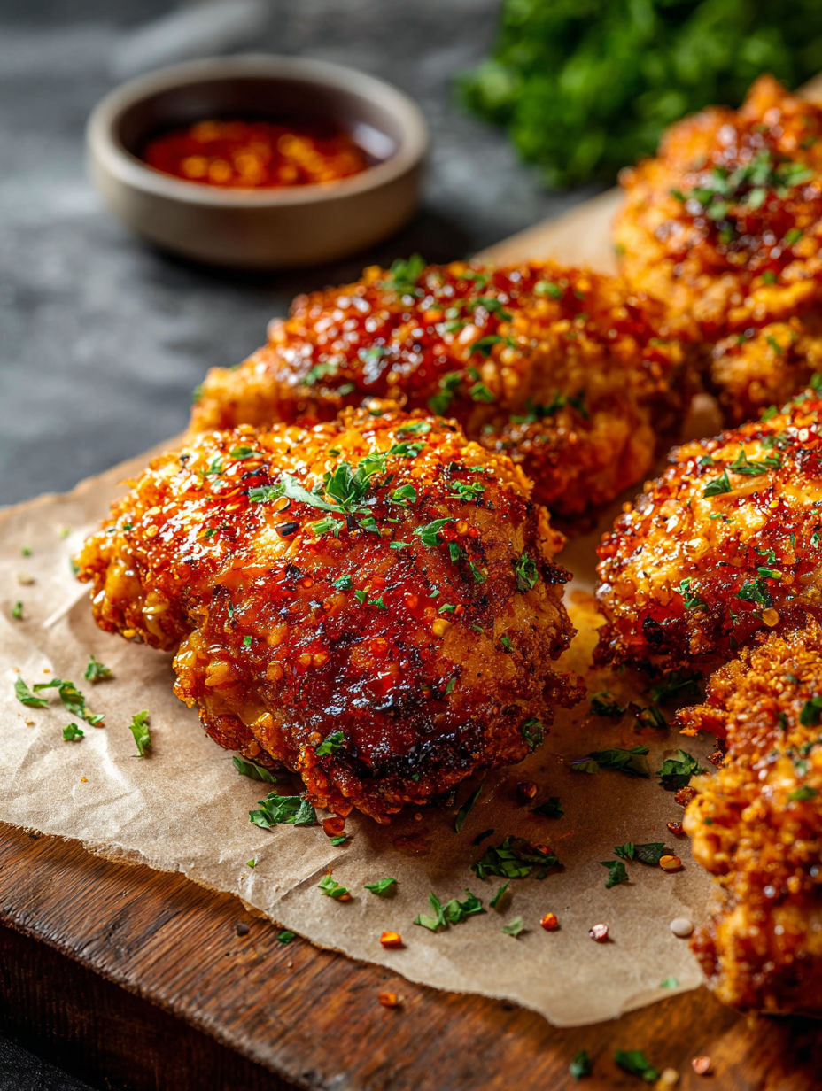 Talerz z kurczakiem w sosie ostro-słodkim.