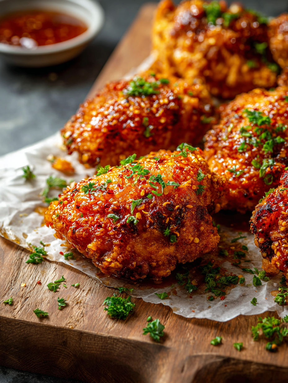 Talerz z kurczakiem w sosie ostro-słodkim.