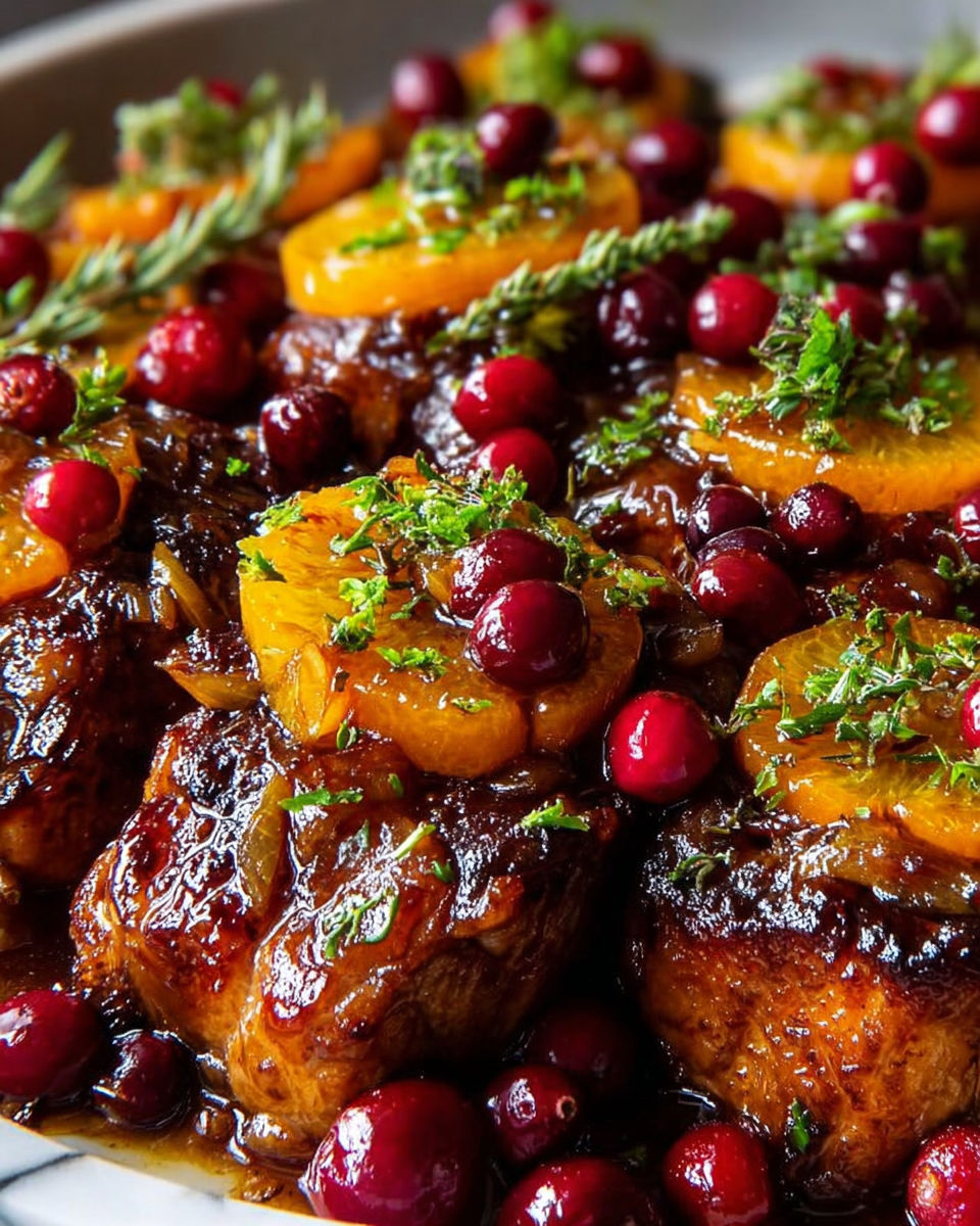 A dish of meat with a sauce and a garnish of cranberries.