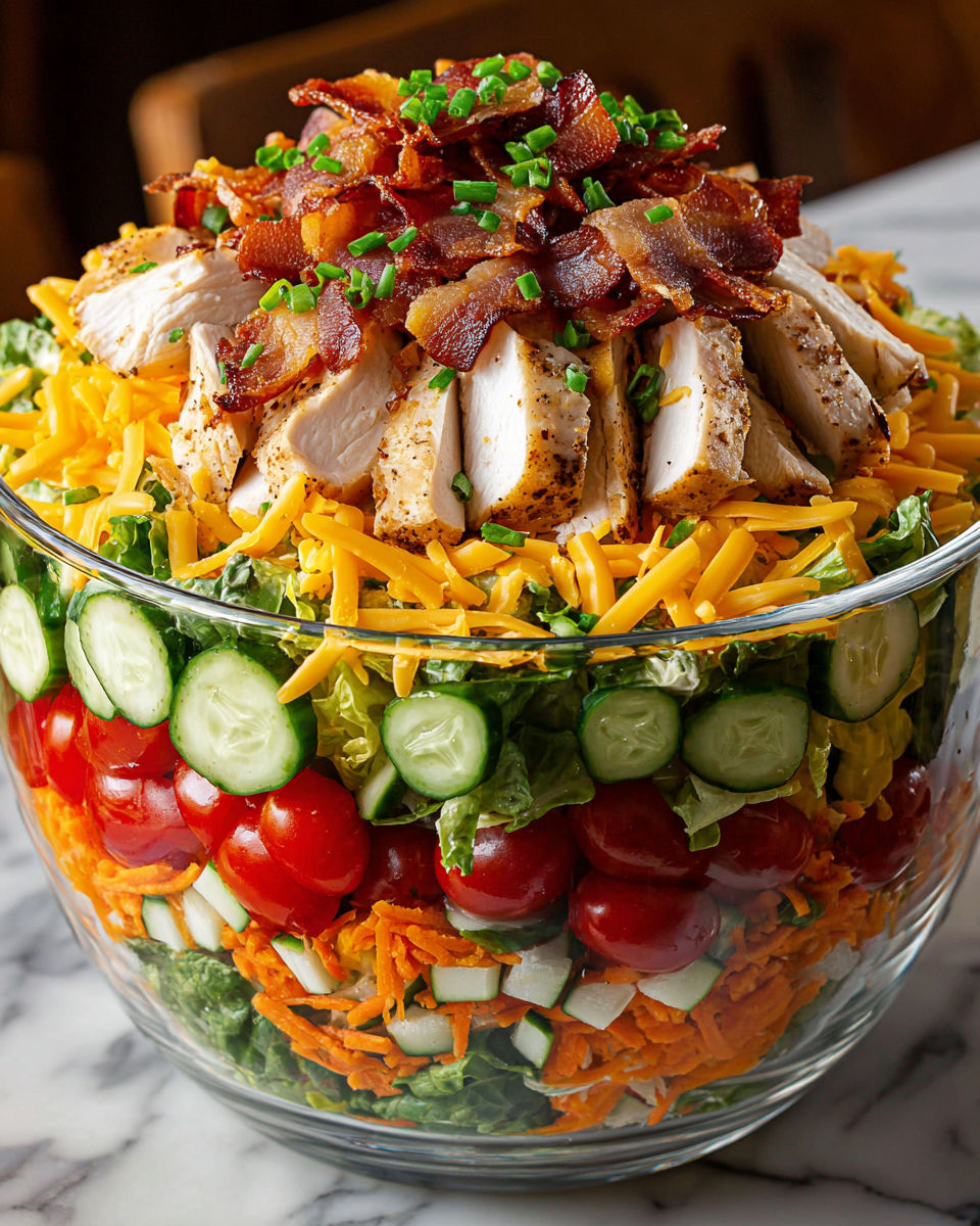 A large salad with bacon and cheese.