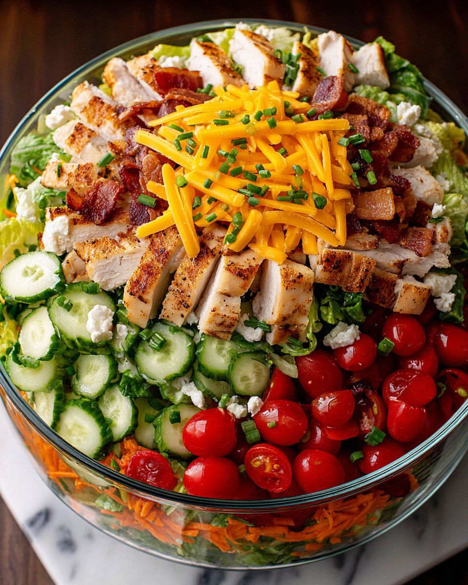 A salad with chicken, cheese, and vegetables.