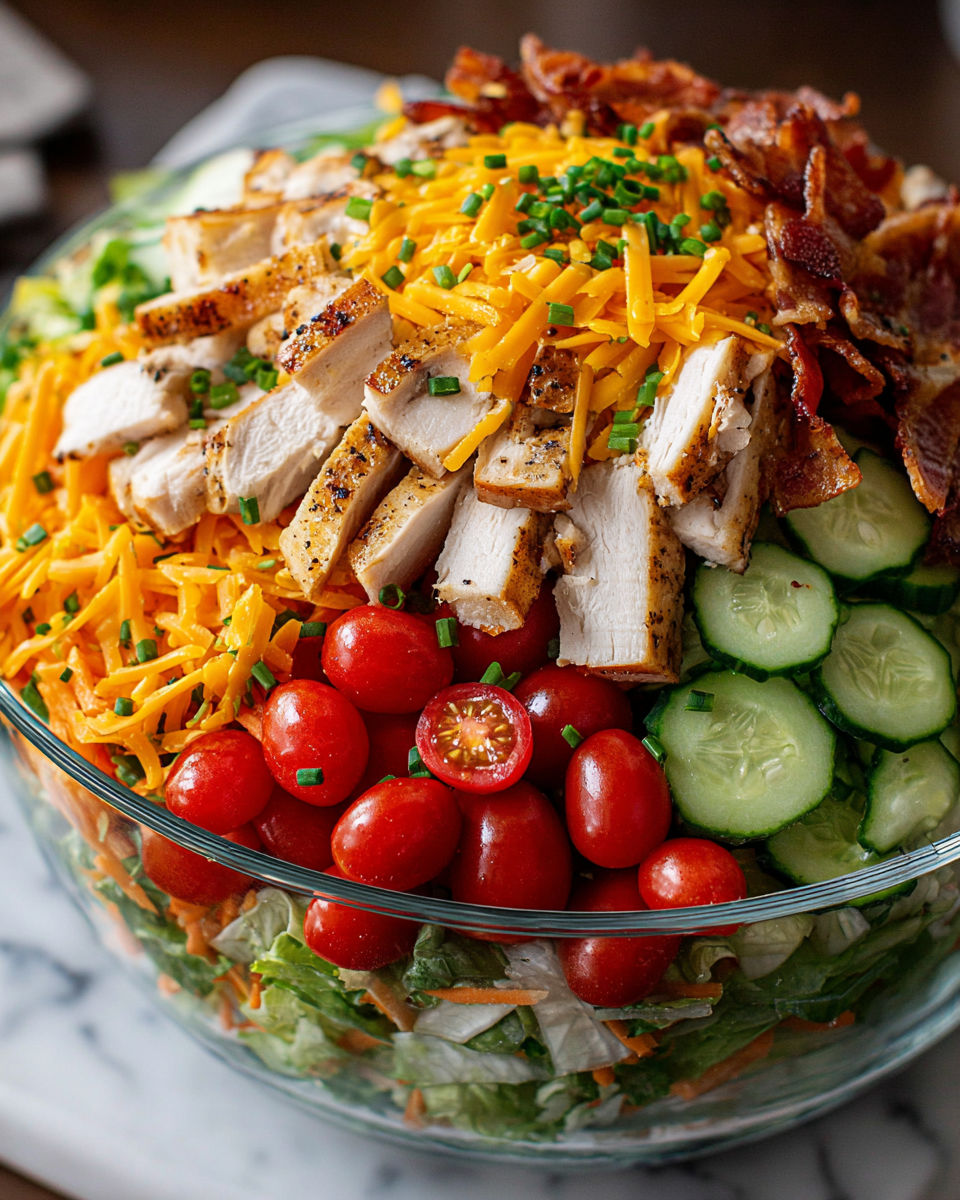 A large salad with chicken, tomatoes, cucumbers, and cheese.