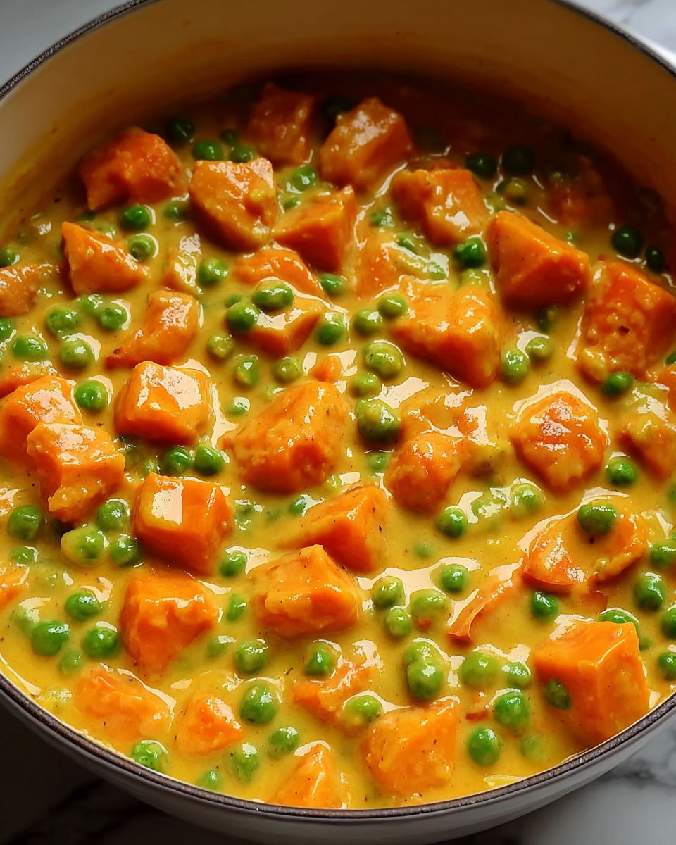 A bowl of soup with peas and carrots.