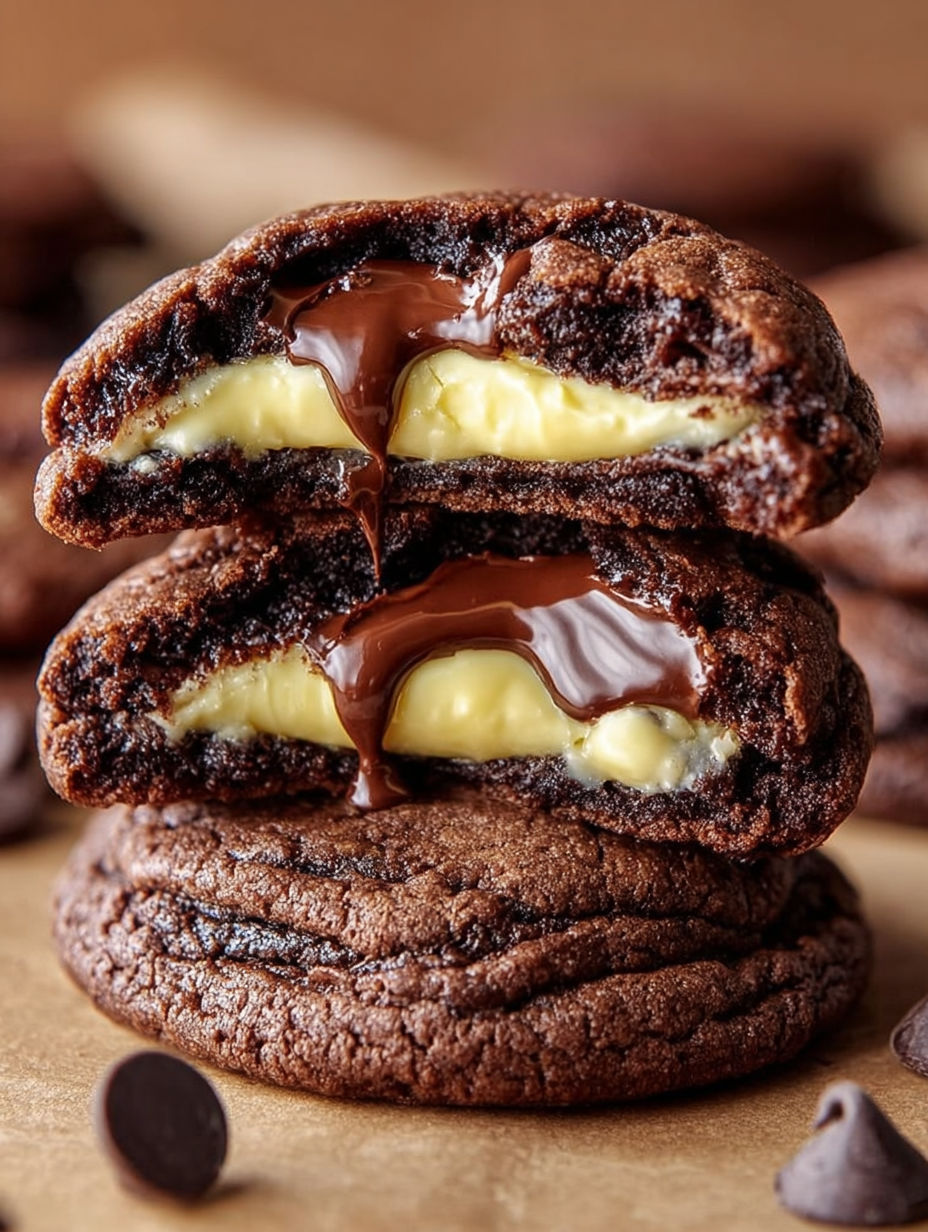 Two chocolate cookies with chocolate frosting.