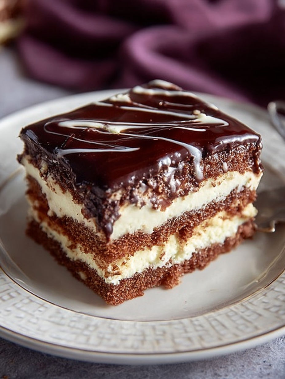 A slice of cake with chocolate and cream.