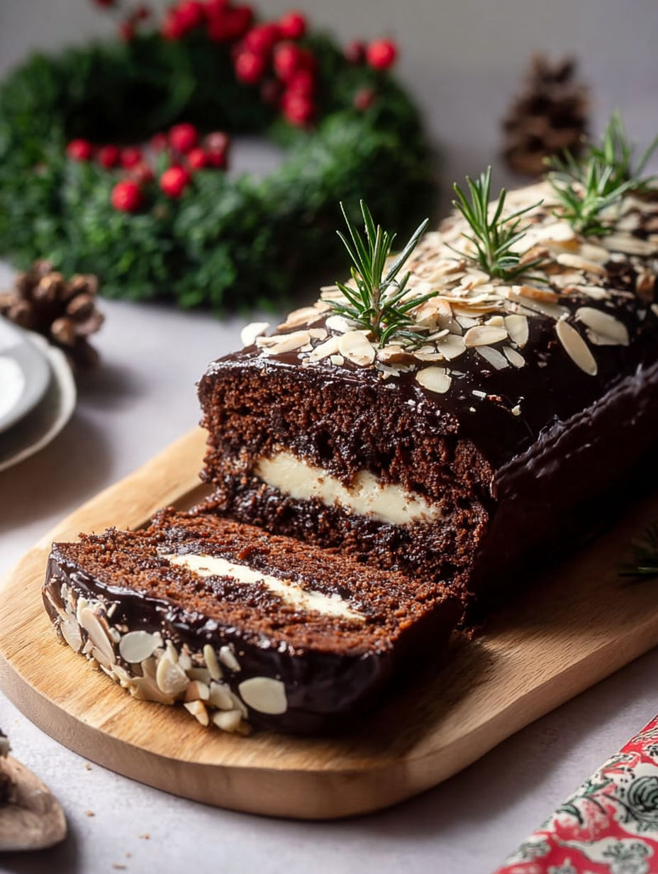 A slice of chocolate cake with almonds on top.