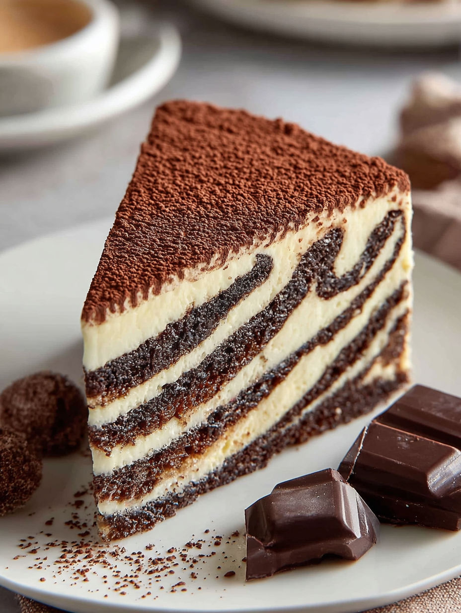 A slice of cake with chocolate and white frosting.