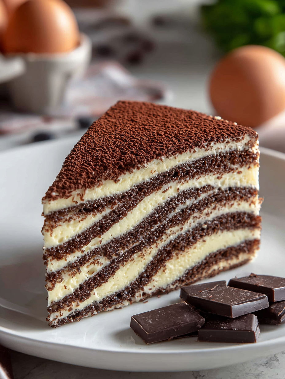 A slice of ciasto zebra on a plate.