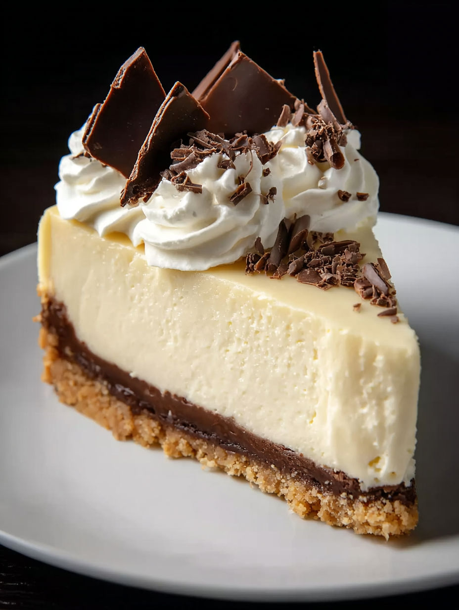 A slice of cheesecake with chocolate topping.