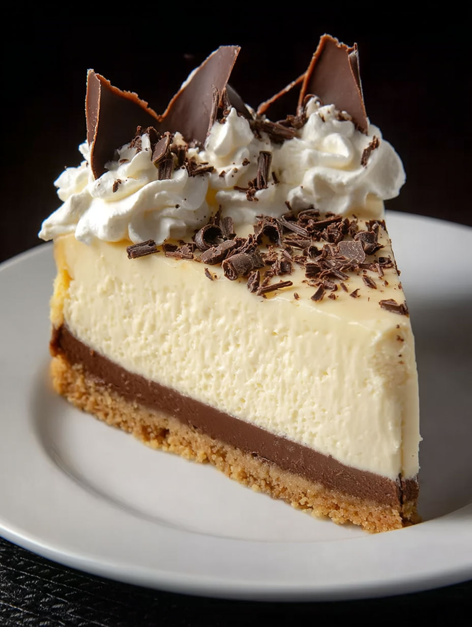 A slice of cheesecake with chocolate and white toppings.