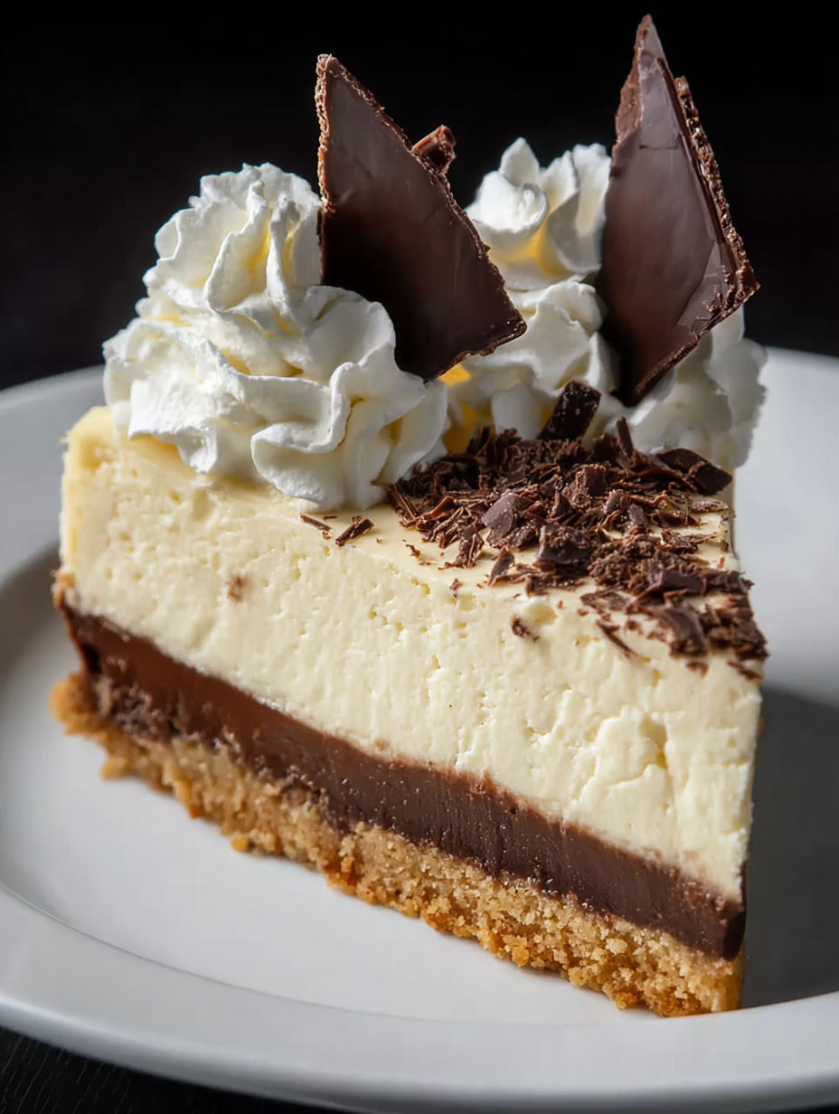 A slice of cheesecake with chocolate and whipped cream on top.