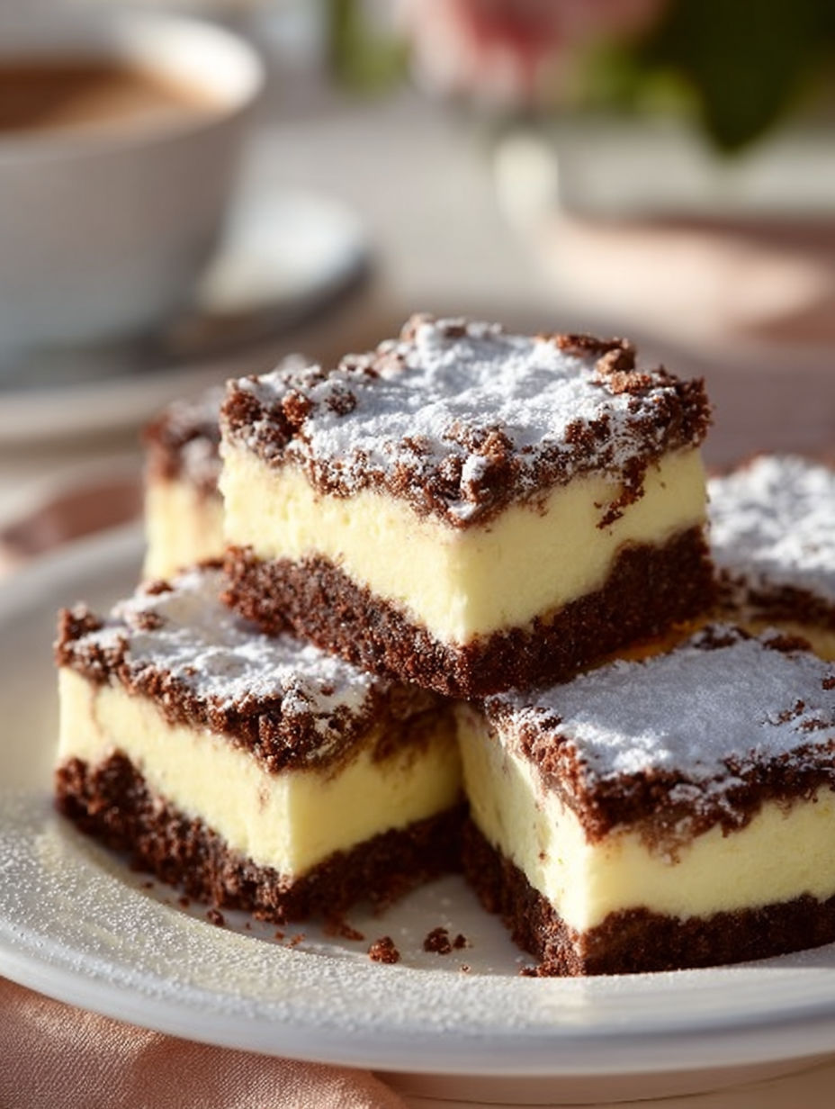 A plate of chocolate cake with white powder on top.
