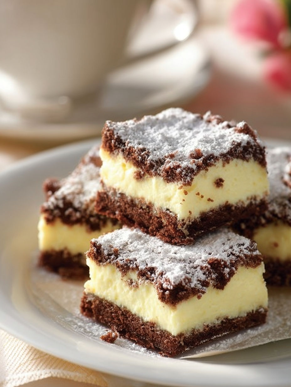 A plate of chocolate cake with powdered sugar on top.