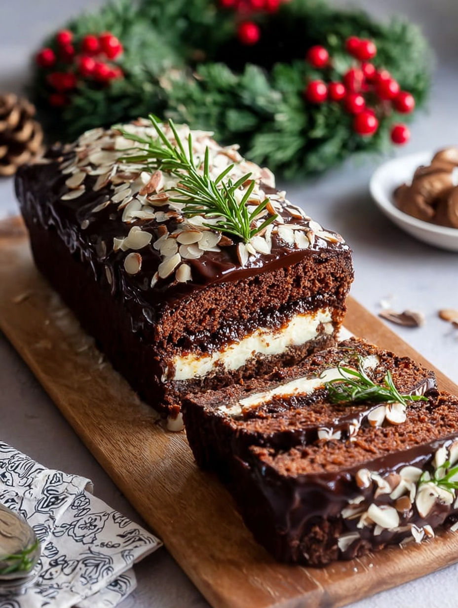 A slice of chocolate cake with almonds on top.
