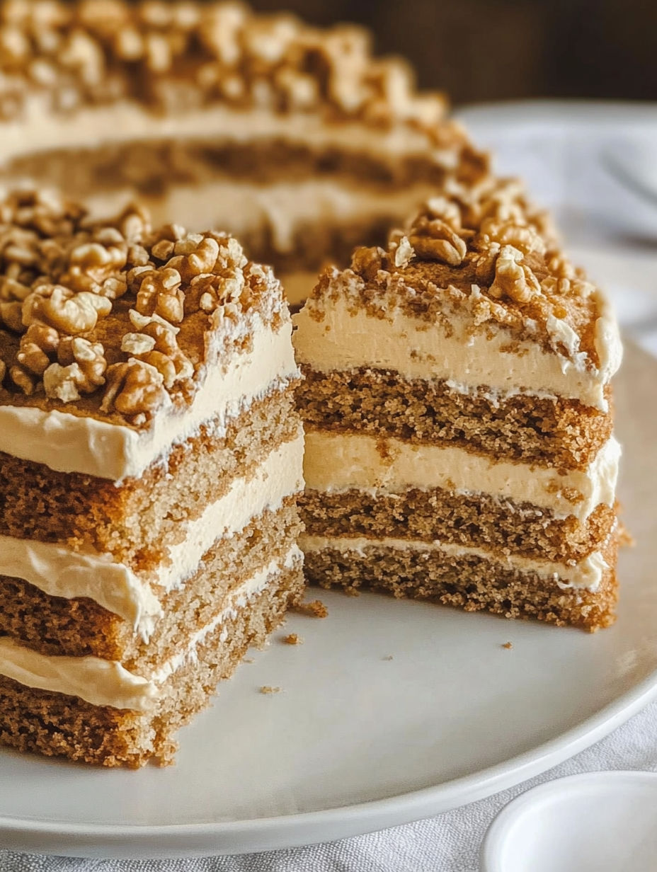 A slice of cake with a white plate.