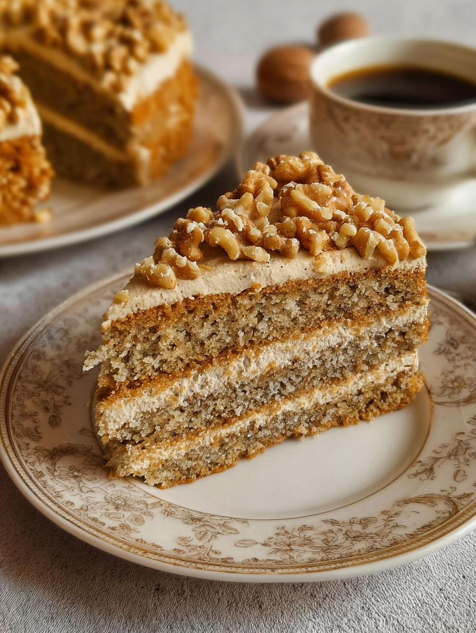 A slice of cake with walnuts and cream.