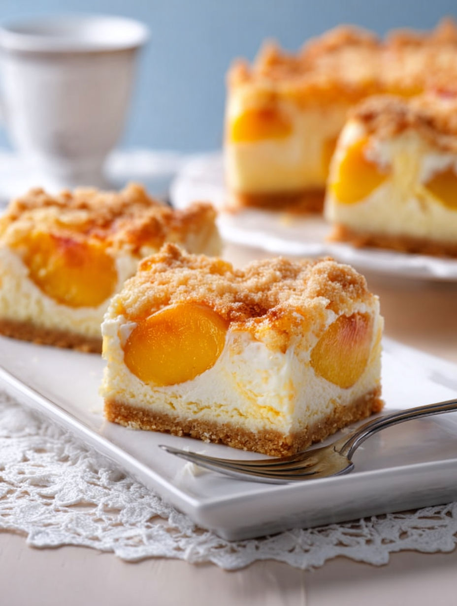 A slice of peach cake with a fork on a plate.