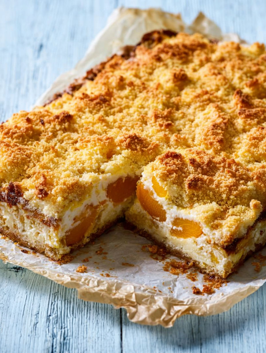 A slice of cake with peaches and a crumb topping.