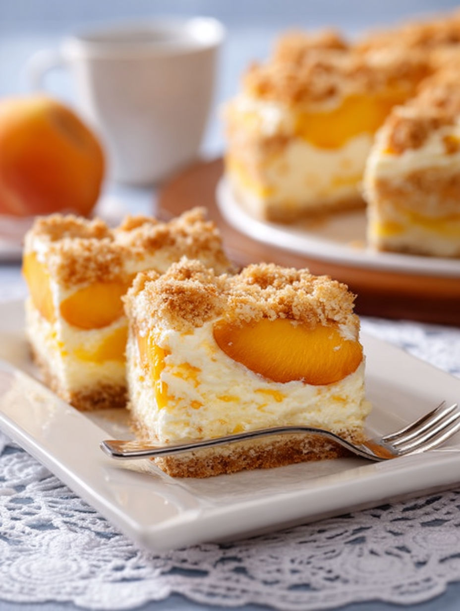A slice of cake with peaches and crumbs on top.