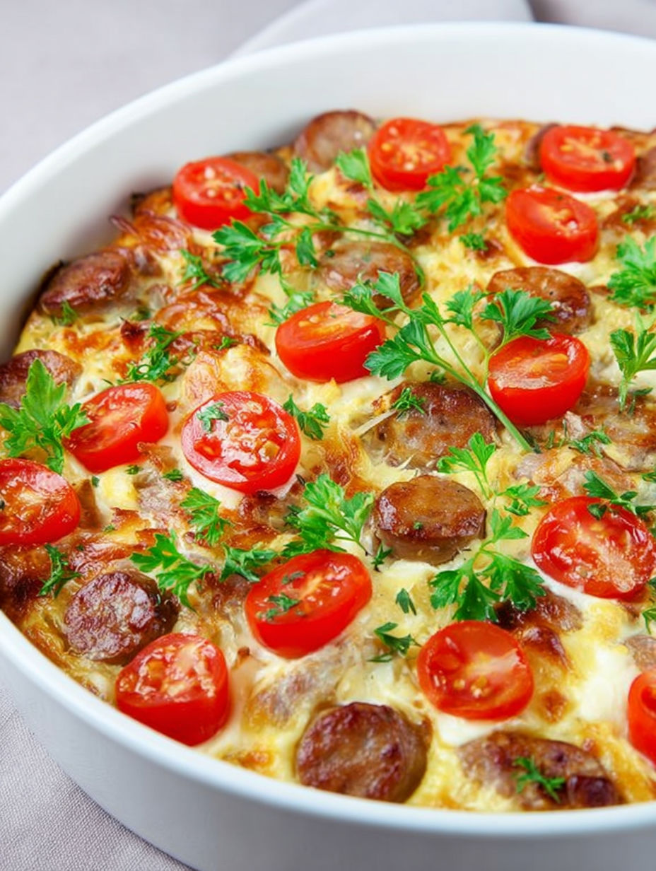 A dish of sausage and tomatoes.