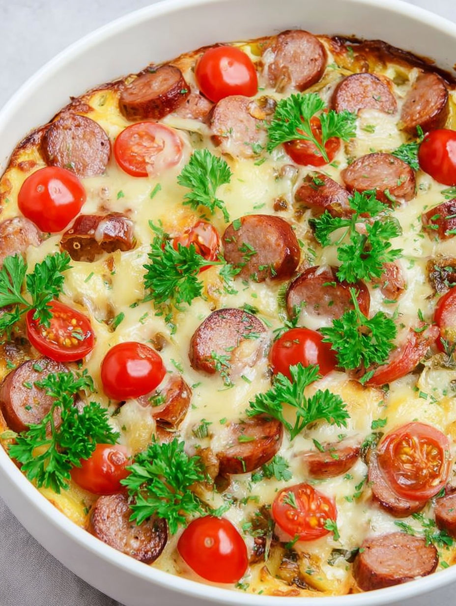 A delicious looking pizza with tomatoes and sausage.